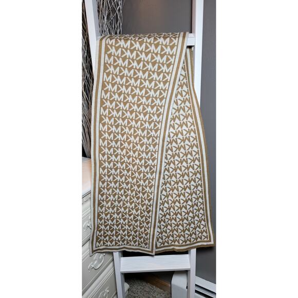 MICHAEL KORS Scarf MK Monogram Tan Beige White Knit Logo Border 64 x 11" - Picture 3 of 4